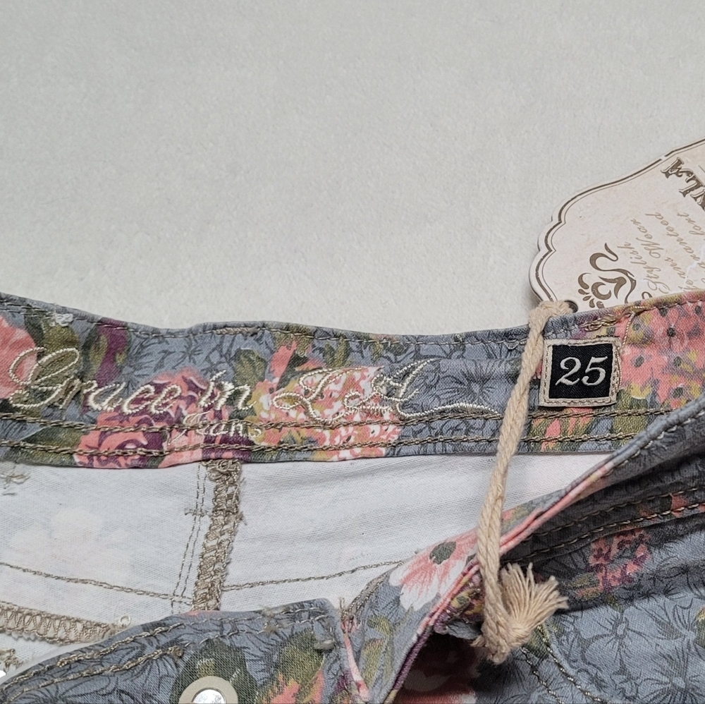 Grace in LA New Gray Pink Floral Distressed Raw Cut Micro Mini Denim Shorts 3/25 - Picture 8 of 10